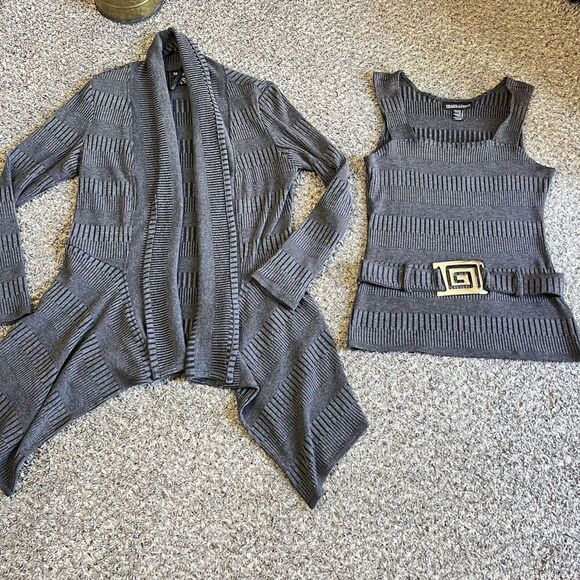 FRANK LYMAN Open Front Textured Knit Cardigan + Tank Top Set Gray Asymmetrical 8 - Picture 5 of 6